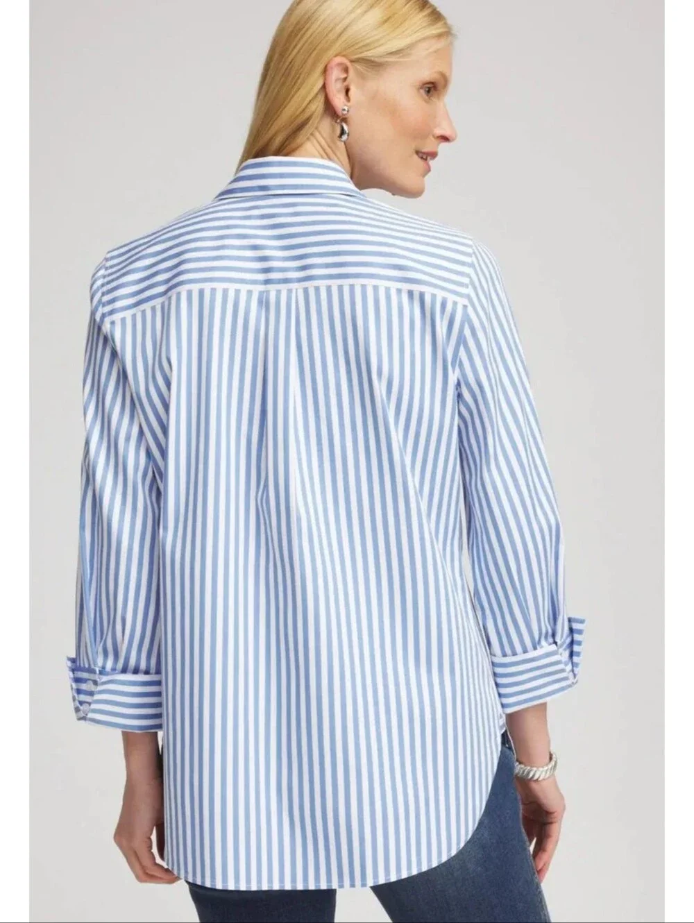 Chico's No Iron Stretch Striped Shirt Light Blue & White Size 2= 12/14 - Picture 4 of 16